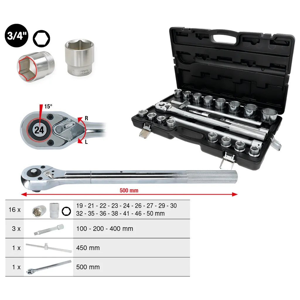 Set nasadnih ključeva KS Tools 3/4" 19-50 mm, 21-dijelni, 6-kutni (911.0721)